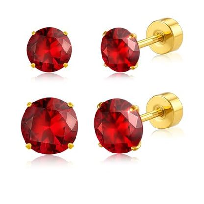 20G G23 Implant Grade Titanium Flat Back Stud Earrings for Women Men, Gold/White Gold Plated Tragus Labret Cartilage Helix F136 Piercing Jewelry for Sensitive Ears, with 4-6mm Cubic Zirconia - color: 2Pairs-20G-Golden-Red-Stud Earring Sets