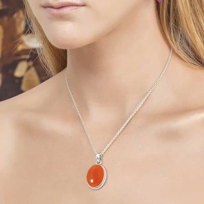 Chunky Natural Gemstone Pendant Necklace For Women Onyx, Turquoise, Amber, Garnet Oval Boho Genuine 925 Sterling Silver Handmade Jewelry - color: Carnelian