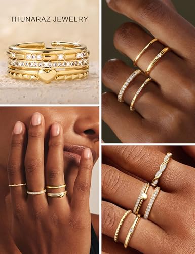 THUNARAZ 9Pcs Gold Stackable Rings for Women Non Tarnish Adjustable Rings | 14k Gold Plated,Open Adjustable Rings Set,Stack,CZ Thumb Ring,Statement Band Ring,Engagement Wedding Jewelry,Waterproof - color: Gold Tone