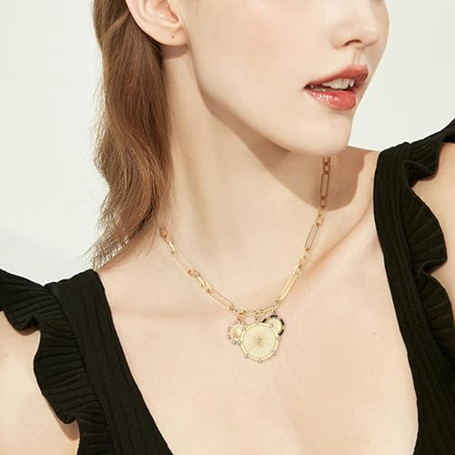 Chunky Gold Necklace for Women, 18K Waterproof Heart Necklace Statement Necklace Gold Charm Necklace Chunky Jewelry Paperclip Chain Choker Gift for Women - style: Three Coin