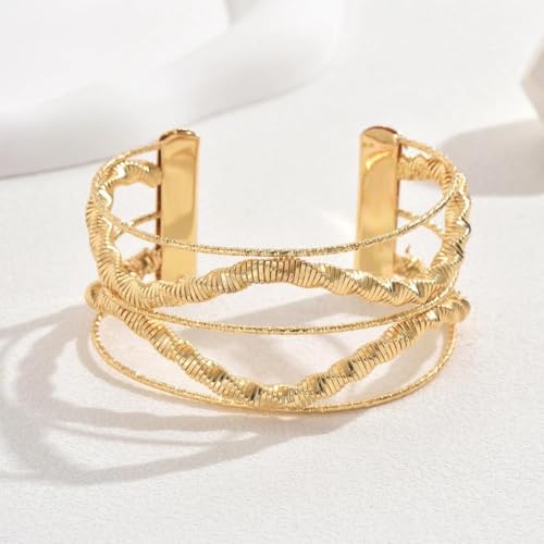 Chunky Gold Hollow Open Cuff Bracelets for Women,Adjustable Geometric Wire Warp Statement Wide Bangle,Personalized Birthday Jewelry Accessories Gifts