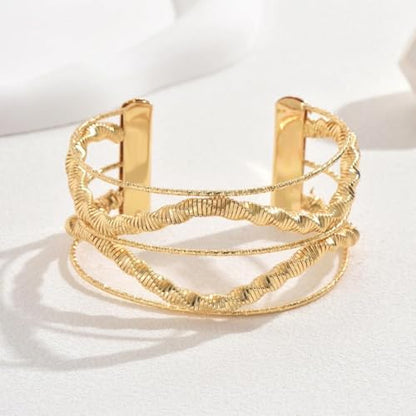 Chunky Gold Hollow Open Cuff Bracelets for Women,Adjustable Geometric Wire Warp Statement Wide Bangle,Personalized Birthday Jewelry Accessories Gifts