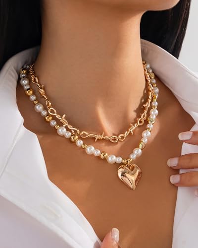 Gold Layered Necklaces for Women Chunky Layered Gold Link Chain Necklaces Trendy Paperclip Herringbone Toggle Clasp Necklace Statement Jewelry Accessories for Her - color: A7:gold barbed wire necklace