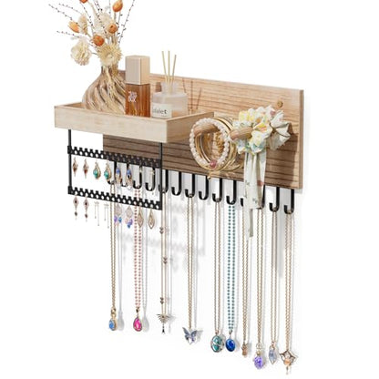 Lolalet Wall Mounted Hanging Jewelry Organizer, 15 Hooks Wooden Necklaces Holder with Storage Shelf, Easy Install Earrings Bracelets Hanger -Light Brown - color: Light Brown