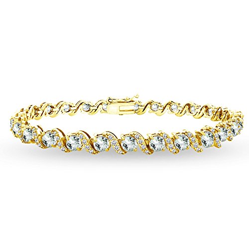 B. BRILLIANT Sterling Silver Genuine, Created or Simulated Gemstone Round S Design Tennis Bracelet for Women - color: Aquamarine - Gold Flash