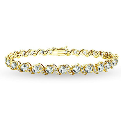 B. BRILLIANT Sterling Silver Genuine, Created or Simulated Gemstone Round S Design Tennis Bracelet for Women - color: Aquamarine - Gold Flash