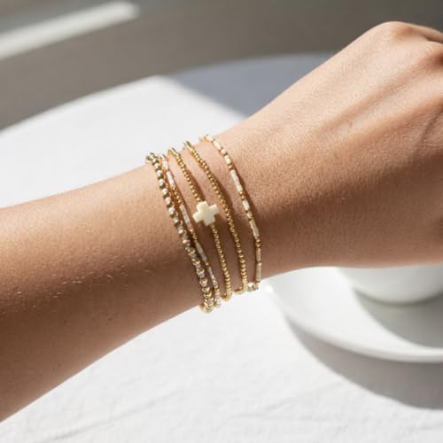 Gold Bracelets for Women, Beaded Cross Stack, Non Tarnish Set，Set-1 | Gold Beaded Bracelet Stack with Stretch Fit, Waterproof Finish and Dainty Design for Everyday Wear and Gifts - color: Colors-7