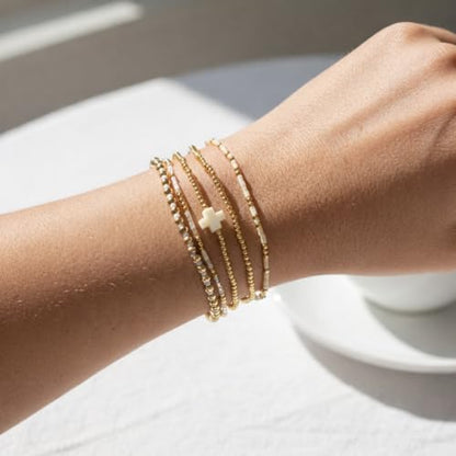 Gold Bracelets for Women, Beaded Cross Stack, Non Tarnish Set，Set-1 | Gold Beaded Bracelet Stack with Stretch Fit, Waterproof Finish and Dainty Design for Everyday Wear and Gifts - color: Colors-7