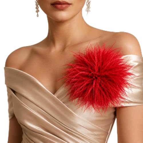 Feather Flower Brooch Pin & Hair Clip 2-in-1, Oversized Floral Lapel Pin for Women Men, Elegant Corsage Fascinator for Suit, Dress & Hat, Wedding, Party, Dance, Banquet & Costume Jewelry - color: Red