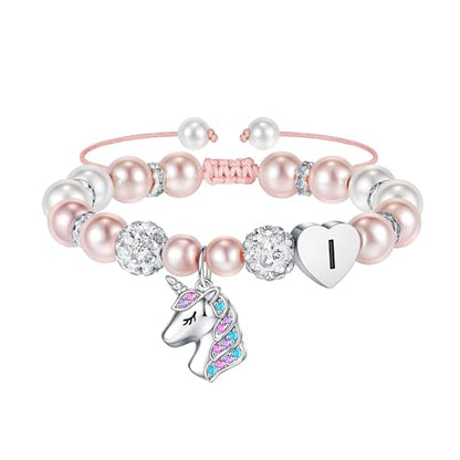 Hidepoo Gifts for Kids Girls - Unicorn Bracelets for Girls Kids, CZ Initial Unicorns Bracelet Adjustable Heart Initial Unicorn Bracelets Jewelry Birthday Gifts for Girl - style: I