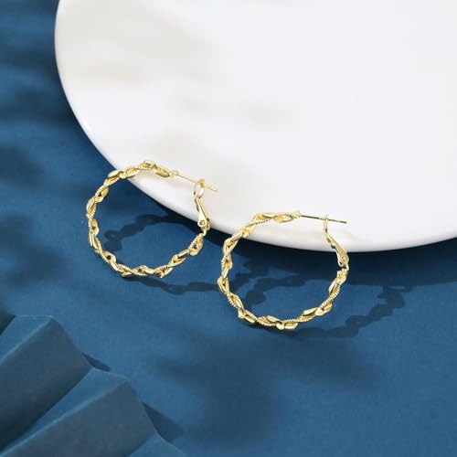 14K Gold Braided Texture Hoop Earring, 32/40mm Twist Rope Design Round Hoop Earrings for Women Gold Jewelry Gifts for women - style: Braided Earrings-32mm