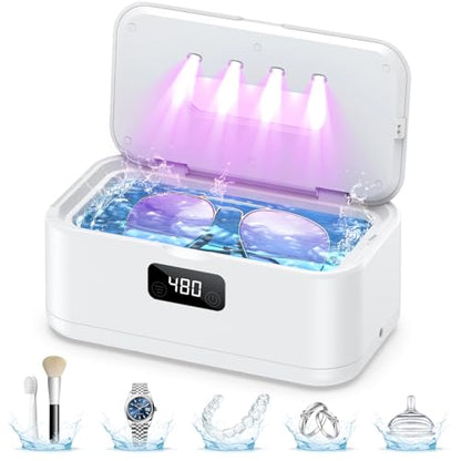 Ultrasonic Jewelry Cleaner, 50Khz Jewelry Cleaner Ultrasonic Machine for Jewelry, Eyeglasses, Rings, Watch Strap, Dentures, 24oz - 304 Stainless Steel Tank, Digital Timer - color: White