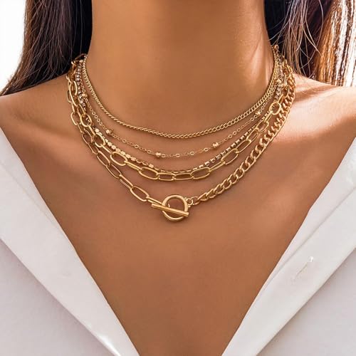 HUASAI Boho Necklaces for Women Dainty Layered Choker Necklace Bohemian Turquoise Necklace Statement Jewelry Western Cowgirl Country Concert Outfits Accessories - color: T Gold Paperclip Chain Necklace