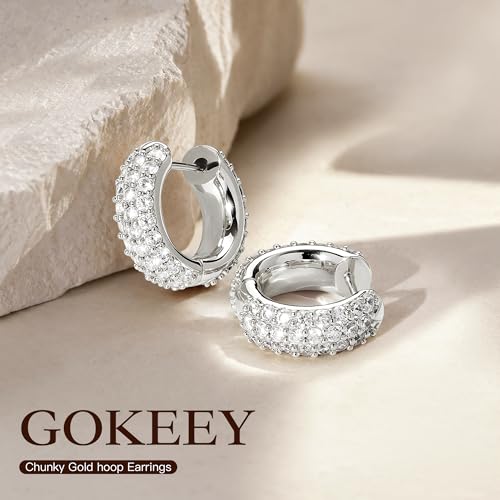 Gokeey Cubic Zirconia Hoop Earrings for Women, Sterling Silver Plated Small Huggie Hoops CZ Pave Chunky Thick Earrings Non Tarnish Hypoallergenic Lightweight Jewelry April Birthstone Gifts - color: Silver