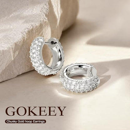 Gokeey Cubic Zirconia Hoop Earrings for Women, Sterling Silver Plated Small Huggie Hoops CZ Pave Chunky Thick Earrings Non Tarnish Hypoallergenic Lightweight Jewelry April Birthstone Gifts - color: Silver