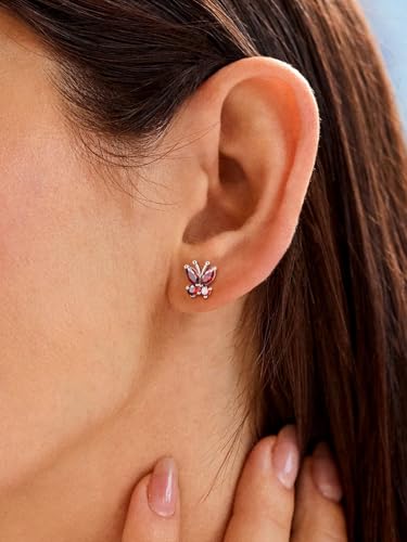 Suplight Butterfly Stud Earrings 925 Sterling Silver 14K Gold Brithstone Earrings for Women Brithstone Jewelry Gifts - color: 01.January ( Garnet), size: Silver