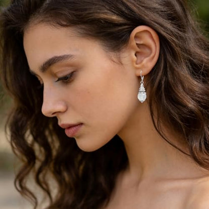 Natural 10mm Stone Beads Drop Earrings,Retro Silver Round Quartz Crystal Gemstone Beads Dangle Earrings for Women - color: A16_White Quartz