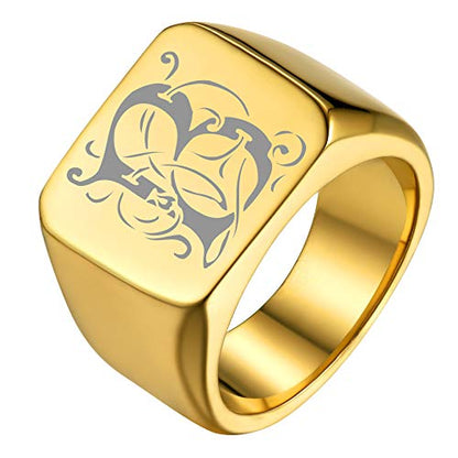 GoldChic Jewelry Personalized Signet Rings Men Women, Stainless Steel Custom Photo Bold Square/Oval Monogram/Old English Initial Pinky Stacking Statement Ring in Black/Silver/Gold (Size 7-14) - color: Gold-Initial -Square