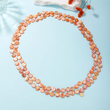 Firstmeet Flat Round Coin Shell Beads Long Knotted Necklace Natural Mother of Pearl Handmade Jewelry For Women - color: S-Orange AB