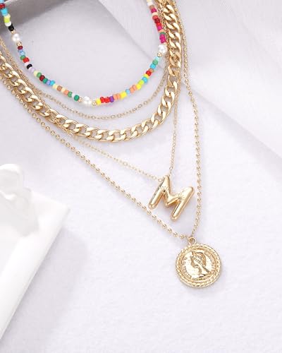 MJartoria Layered Necklaces for Women Trendy Balloon Initial Pendant Necklace Dainty Chunky Chain Beaded Choker Necklaces Jewelry Birthday Gifts - color: Gold, style: M