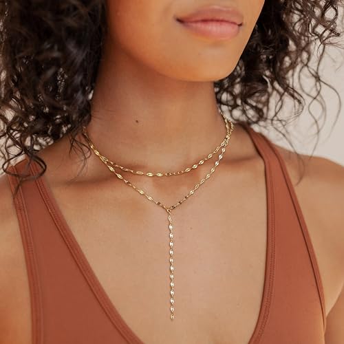 Gold Necklace for Women, Dainty Long Necklace 14k Gold Plated Lariat Long Necklaces for Women Trendy Simple Statement Drop Necklace Fashion Body Chain Prom Jewelry Gold Accessories - color: 14-Gold