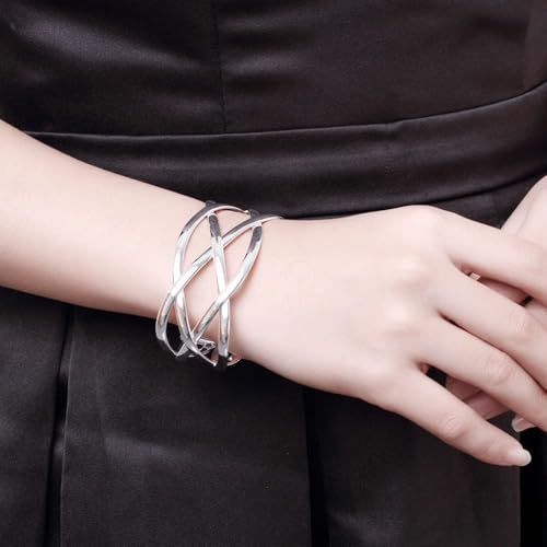 925 Sterling Silver Bracelet Plated Cuff Bangle Bracelet Fashionable Multi-layer Cross Wire Bangle Bracelet Open Adjustable Wide Cuff Bracelet for Teen Girls Fashion Jewelry - color: silver B
