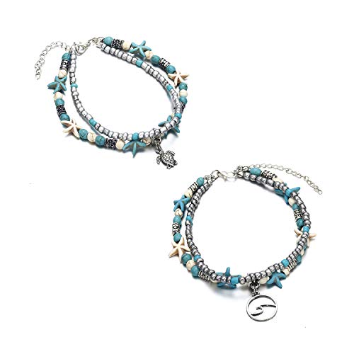 Softones Blue Starfish Turtle Anklet Multilayer Charm Beads Sea Handmade Boho Anklet Foot Jewelry for Women - style: E:2pcs Turtle Wave