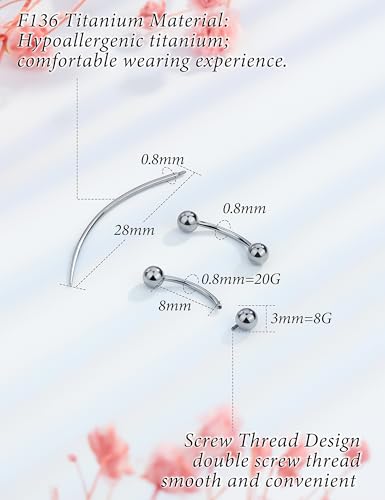 Eyebrow Piercing Jewelry F136 Titanium Internally & externally Threaded Curved Barbell Vertical Labret Lip Jewelry Ear Rook Navel Belly Button Ring Women Men 20g 18g 16g 6mm/8mm/10mm/12mm - color: 8mm 20G Internal Thread Titanium Ball Eyebrow Rings