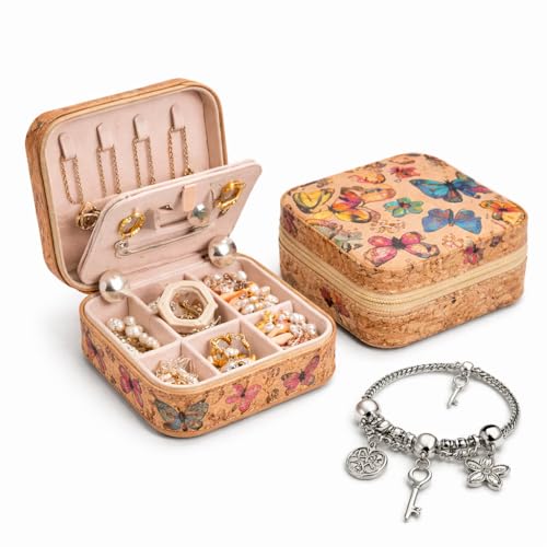 Vibrant Mandala Cork Jewelry Case – Small Square Zip Organizer for Women – Stylish Gift for Travel and Vanity (Butterfly) - style: Whimsical Butterfly