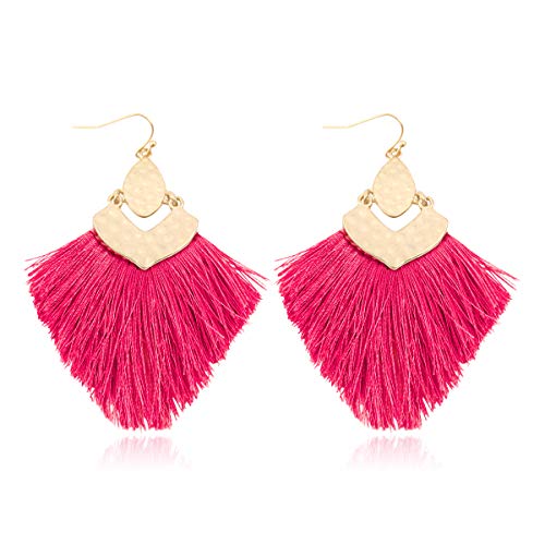 Bohemian Thread Tassel Drop Earrings - Geometric Petal Fan Fringe Feather Statement Chandelier Duster Dangles - color: Boho Tassel Chandelier - Hot Pink