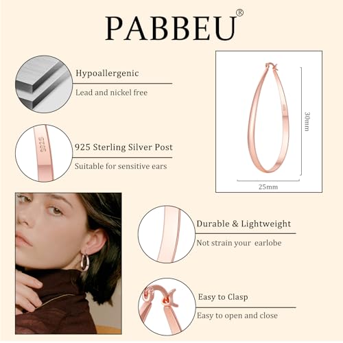 PABBEU Sterling Silver Hoop Earrings for Women, Lightweight Large Oval Hoops Earrings, Hypoallergenic Silver Hoop Earring for Women Gifts 30/40/50/60MM - color: rose gold 25*30mm/ 0.98*11.81in