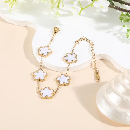 TICVSS Four Leaf Clover Bracelet for Women 18K Gold Plated Stainless Steel Lucky 4 Leaf Gold Link Bracelet Jewelry Gift for Women - color: White+Black