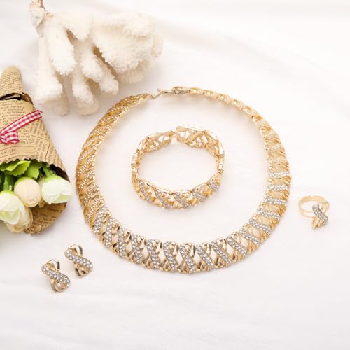 Fashion Crystal Jewelry Set Gold Plated Jewelry Weddings Dubai Gold Necklace Earrings Set Gift - color: Crystal choker
