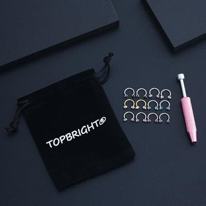 TOPBRIGHT 12PCS 316L Stainless Steel Horseshoe Nose Rings - 20G Threadless Push Pin Hoops with Double Cubic Zirconia for Women Men, Septum/Helix/Daith/Lip Piercing (7mm & 8mm)