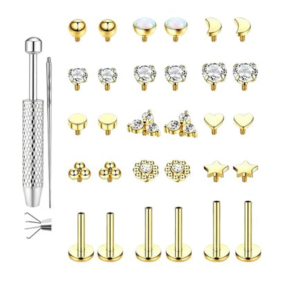 32PCS Gold Flat Back Earrings Set, Nose Piercings Cartilage Earrings for Women Tragus Piercing Jewelrys, Tragus Jewelry Lip Piercing Jewelrys, Labret Piercings Jewelry Flat Back Nose Stud