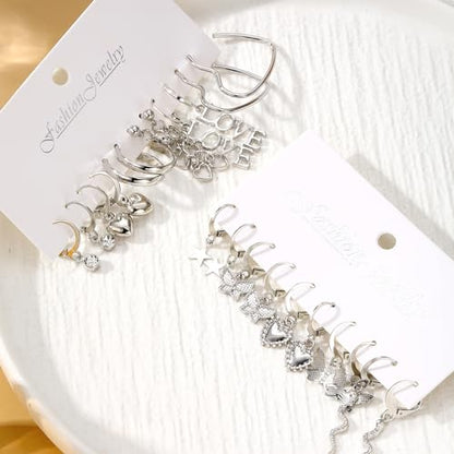 IFKM 24 Pairs Gold Hoop Earrings Set for Women Hypoallergenic Chunky Chain Twisted Open Hoops Dangle Earring Packs for Birthday Party Christmas Fashion Jewelry Gift - color: 26 Pairs Silver Cute