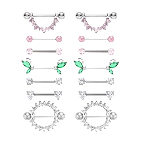 G&O JFU 7 Pairs 14G Nipple Rings Set – Stainless Steel Straight Barbell with CZ Stones, Gold Plated & Silver Tone, Butterfly Back Pink Nipple Piercing Jewelry for Women - color: Silver Pink Nipple Piercing Jewelry