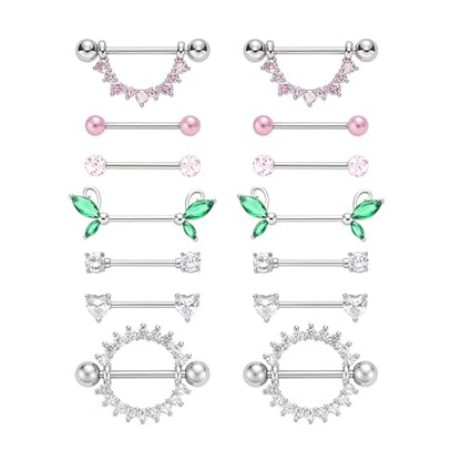 G&O JFU 7 Pairs 14G Nipple Rings Set – Stainless Steel Straight Barbell with CZ Stones, Gold Plated & Silver Tone, Butterfly Back Pink Nipple Piercing Jewelry for Women - color: Silver Pink Nipple Piercing Jewelry