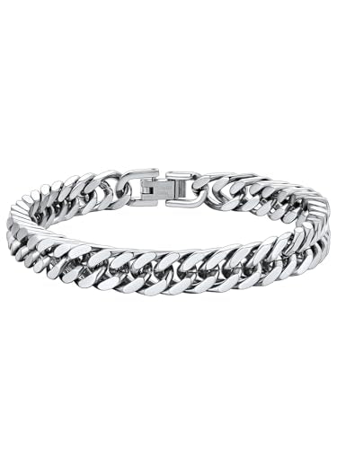 ChainsHouse Stainless Steel Cuban Link Bracelet, 6mm/8mm/12mm/17mm Width, 7.5"/8.3"/9", Black/ 18K Gold Plated Chain Wrist Bracelets for Men Women, Send Gift Box - color: A: Steel-8mm width