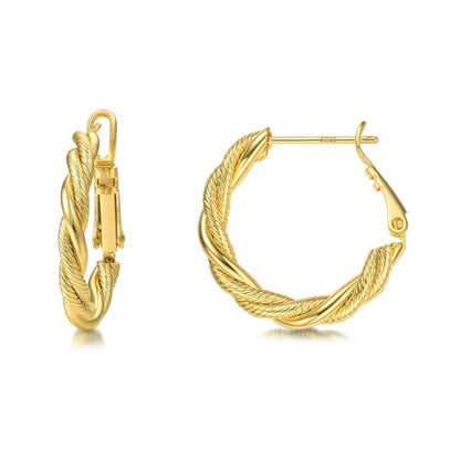 AllenCOCO Gold Hoop Earrings for Women, 18K Gold Plated Twisted Rope Design, Textured Thin Round Hoops with Sterling Silver Post Hypoallergenic 20-70mm - size: 20mm