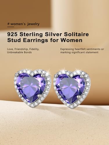 Bestyle Authentic 925 Sterling Silver 2 Carat Birthstone Earrings for Women, More Sparkle Heart/Round Solitaire Diamond Studs Earrings, Great Birthday/Christmas/Anniversary Jewelry for Wife Mother - color: 02. Feb. Amethyst-Heart