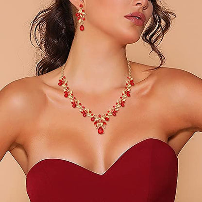 Women's Wedding Jewelry Set Leaf Flower for Bridal Prom Party | Stunning Crystal Teardrop Marquise Cluster Pendant Necklace Dangle Earrings Set for Bride Bridesmaid - color: 02-Ruby Color Gold-Plated-Base