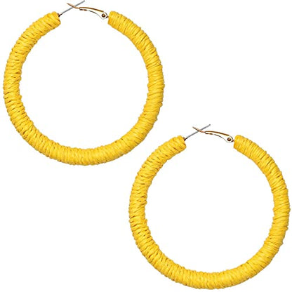 Handmade Rattan Earrings - Large Circle Braided Straw Wicker Drop Earrings - Light Weight Summer Hoops - color: H yellow