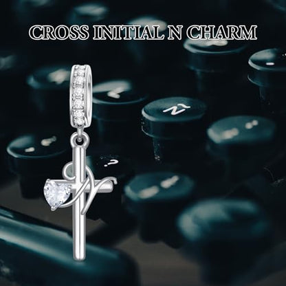 PROESS Initial Cross Charm 925 Sterling Silver Letter A B C Pendant Dangle Charm Beads for Bracelet Initial Cross Jewelry Gifts for Women - style: 14-N