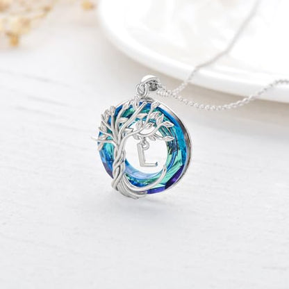 TOUPOP Gifts for Women Tree of Life Initial Necklace 925 Sterling Silver Letter Pendant with Blue Crystal Birthday Jewelry Gifts for Women Her Mom Wife Daughter - color: Tree of Life L Initial