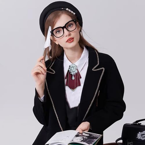 Crystal Bow tie Brooches Collar Pin Jewelry ribbon Fabric Bowknot Pre Tied Neck Tie For men Women wedding bridegroom - color: Dark Red