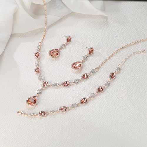 EleQueen Women's Wedding Bridal Jewelry Sets for Brides Bridesmaids, Cubic Zirconia Teardrop Necklace Tennis Bracelet Dangle Earrings Jewellery Set - color: Champagne Rose Gold-Tone
