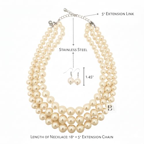 Simulated Pearl Necklace & Earring Set, Multi Strand - color: Cream