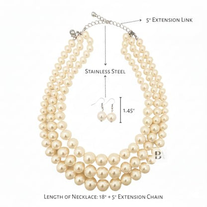 Simulated Pearl Necklace & Earring Set, Multi Strand - color: Cream