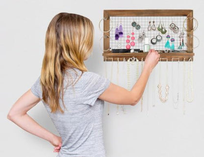 Rustic Jewelry Organizer Wall Mount with Bracelet Pegs-Necklace Holder Earring Hanger-Hanging Mounted Wooden Shelf to Display Earrings Necklaces and Accessories - style: Rustic - Antique Brown